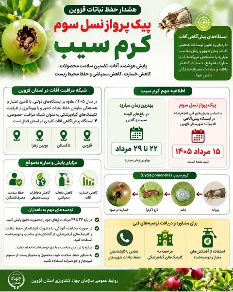 هشدار حفظ نباتات قزوین ، پیک پرواز نسل سوم کرم سیب