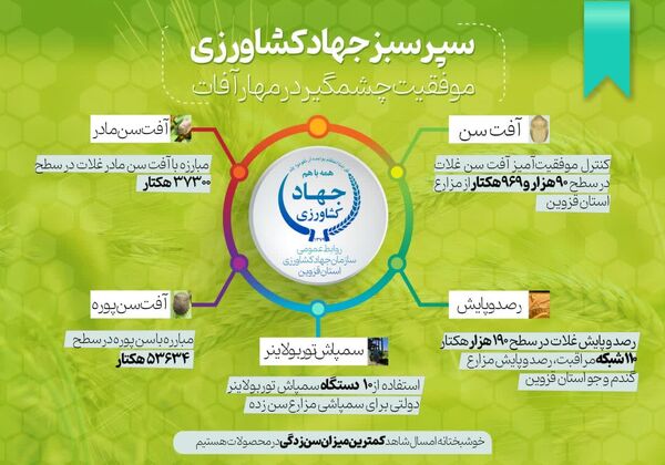  اینفوگرافی | کنترل موفقیت‌آمیز آفت سن غلات در سطح ۹۰هزار و ۹۶۳ هکتار از مزارع استان قزوین