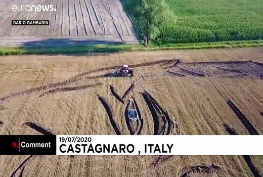 پرتره بزرگ جو بایدن بر یک مزرعه گندم در ایتالیا