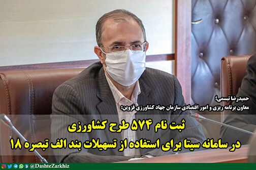 ثبت نام ۵۷۴ طرح کشاورزی در سامانه سیتا برای استفاده از تسهیلات بند الف تبصره ۱۸  